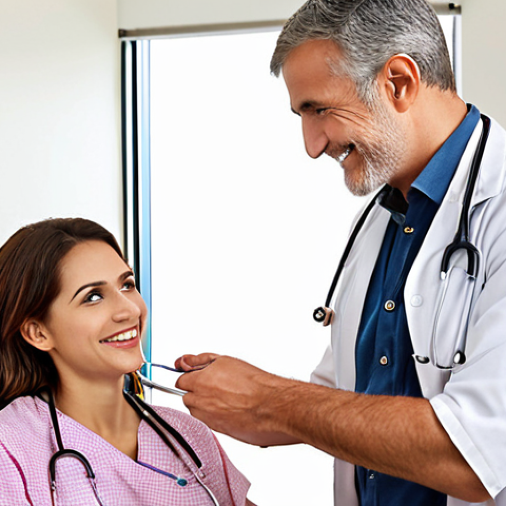 A general physician examining a patient, emphasizing routine check-ups and general health concerns. Prompt: A friendly general physician conducting a routine check-up on a smiling patient in a well-lit clinic, focusing on preventative healthcare.