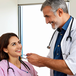 A general physician examining a patient, emphasizing routine check-ups and general health concerns. Prompt: A friendly general physician conducting a routine check-up on a smiling patient in a well-lit clinic, focusing on preventative healthcare.