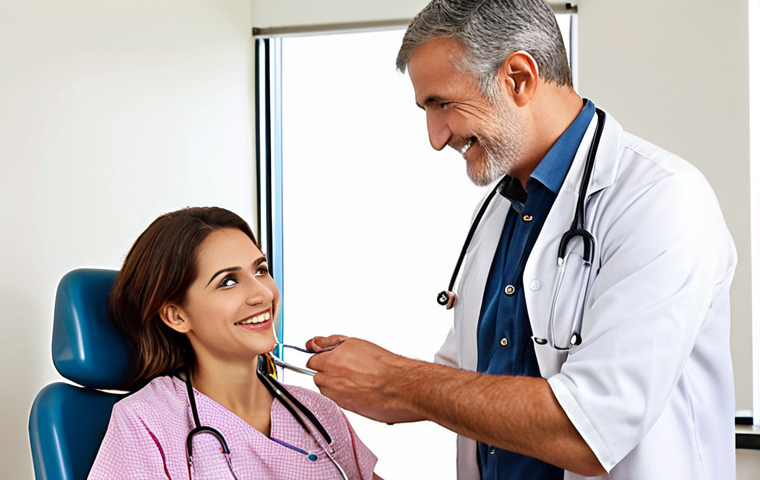 A general physician examining a patient, emphasizing routine check-ups and general health concerns. Prompt: A friendly general physician conducting a routine check-up on a smiling patient in a well-lit clinic, focusing on preventative healthcare.