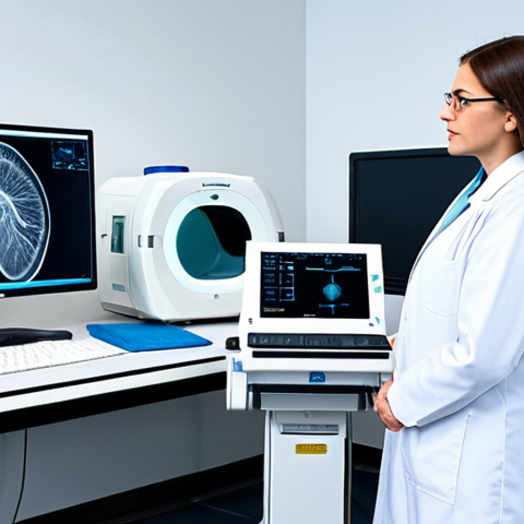A skilled cardiologist in a modest, professional lab coat, fully clothed, standing confidently next to a state-of-the-art 256-slice CT angiogram machine. They are reviewing detailed cardiac images on a large, high-resolution monitor within a modern, sterile hospital diagnostic lab. The setting highlights advanced medical technology and precision in diagnosis. Appropriate attire, safe for work, perfect anatomy, correct proportions, natural pose, professional dress, well-formed hands, proper finger count, natural body proportions, high quality, professional photography, family-friendly.