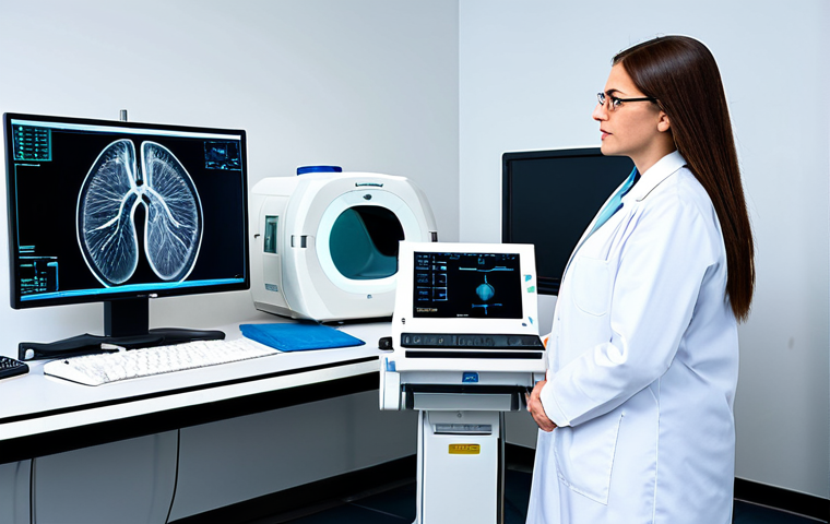 A skilled cardiologist in a modest, professional lab coat, fully clothed, standing confidently next to a state-of-the-art 256-slice CT angiogram machine. They are reviewing detailed cardiac images on a large, high-resolution monitor within a modern, sterile hospital diagnostic lab. The setting highlights advanced medical technology and precision in diagnosis. Appropriate attire, safe for work, perfect anatomy, correct proportions, natural pose, professional dress, well-formed hands, proper finger count, natural body proportions, high quality, professional photography, family-friendly.