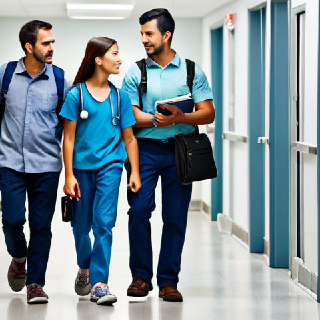 ** A well-prepared family heading to the ER, carrying essential documents, phone, charger, and a small bag with clean clothes and toiletries. The scene should depict a calm and organized approach to the emergency. Keywords: "family-friendly", "safe for work", "appropriate content", "fully clothed", "modest clothing", "preparedness", "emergency situation".
**