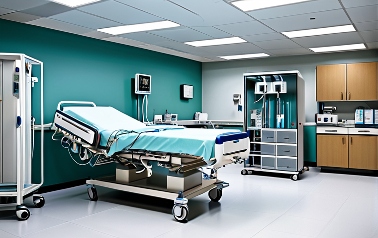 호흡기 질환 치료 병원 비교 - A modern hospital emergency room, fully equipped with medical technology, showing doctors and nurses...