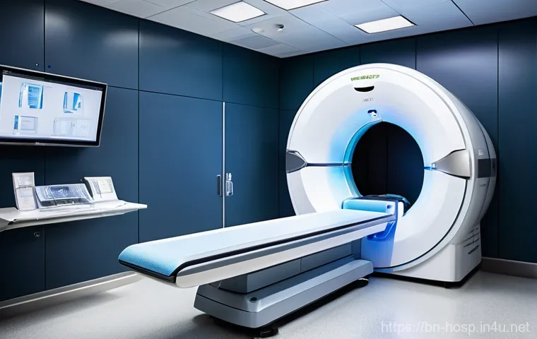 암 진단을 위한 PET CT 검사 - **Prompt 1: Advanced PET-CT Technology in a Modern Clinic**
A sleek, futuristic PET-CT scanner t...