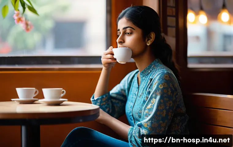 소화기 내과 진료 시 필요한 검사 항목 - **Prompt:** A young Bengali woman, in her late 20s, sits comfortably at a modern café table, dressed...
