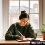 만성 피로를 다루는 병원 찾기 - **Prompt:** A young adult (gender-neutral, 20s-30s) sitting comfortably at a wooden desk by a window...
